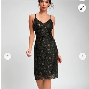 LULUS Shine In The Night Black And Gold Lace Midi Dress Size Medium